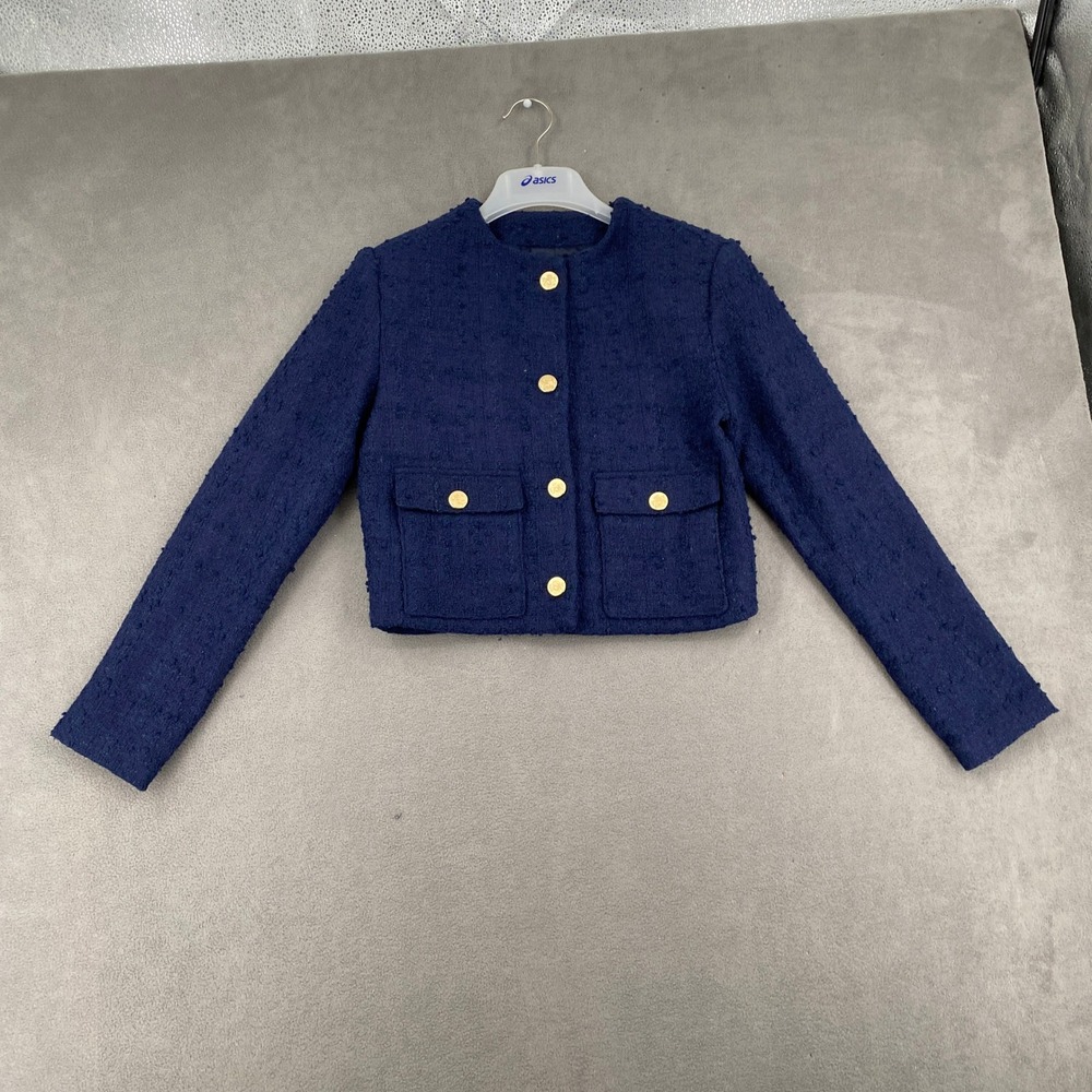 Abercrombie & Fitch Navy Blue Tweed Cropped Jacket Gold Crest Buttons XS